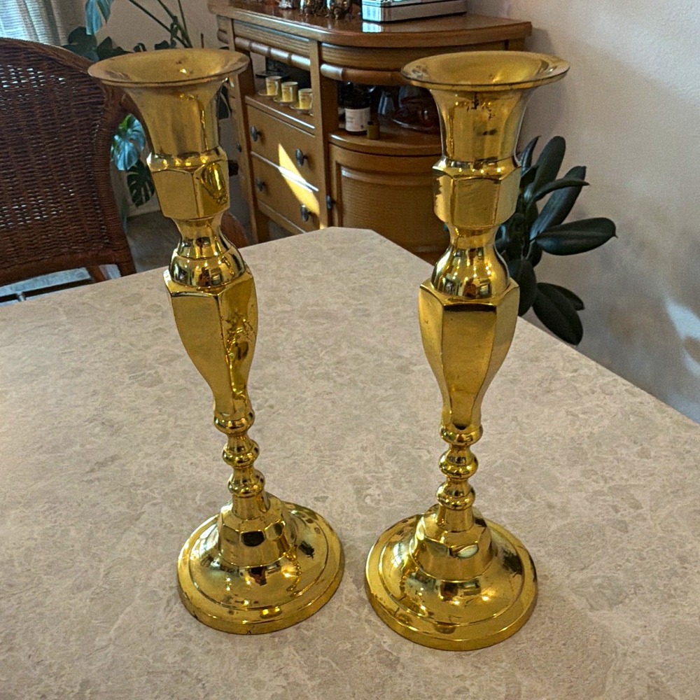 Set of 2 Gold Polished Metal Taper Candle Holders 10 in Tall